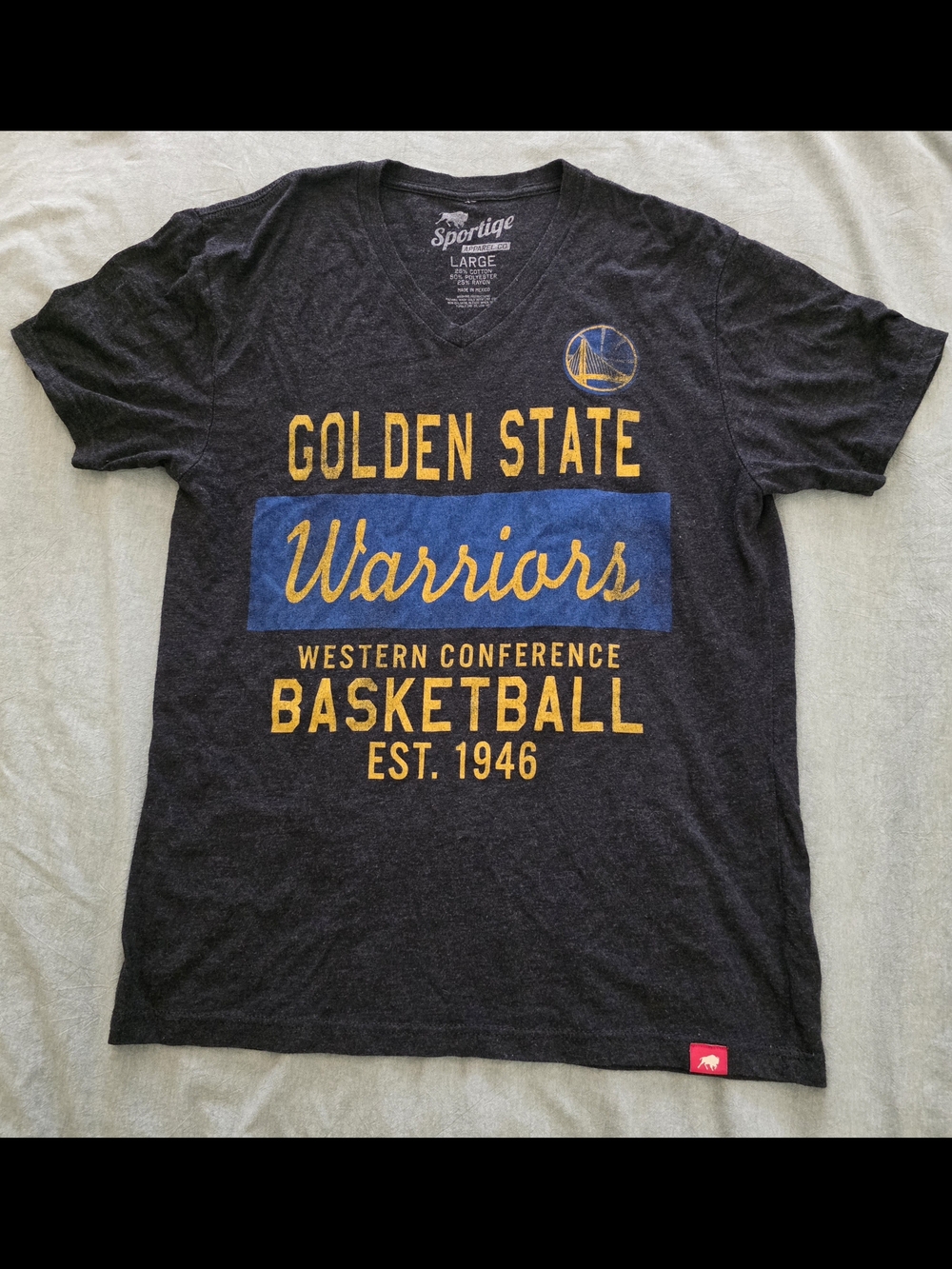 Sportique Golden State Warriors Short Sleeve V-Neck Tee - Gray Navy/Gold